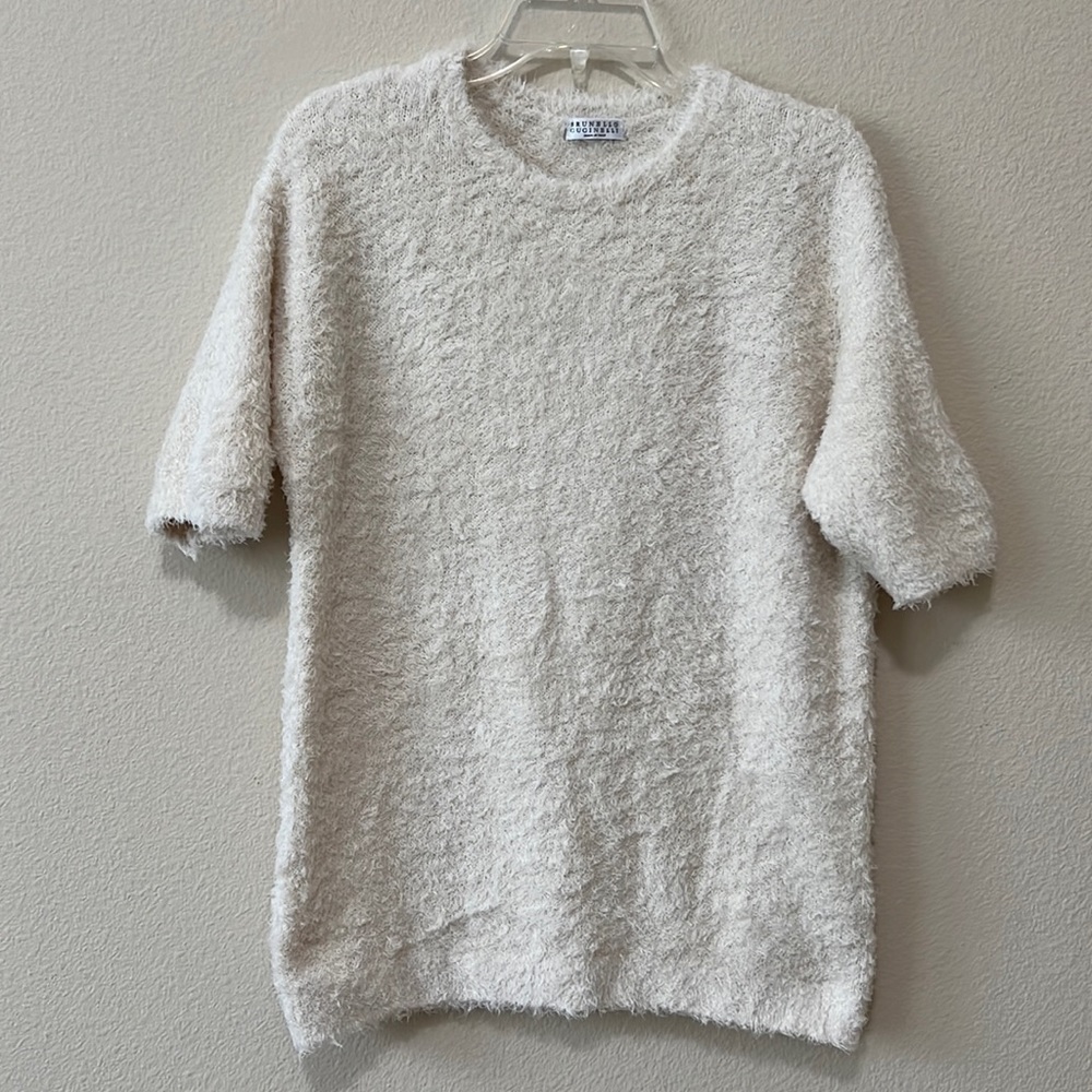 Brunello Cucinelli XL Beige Stretchy Crewneck Short Sleeve Pullover Eyelash Top